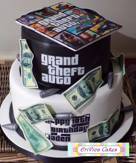 2 tier Grand Theft Auto Birthday cake Gta Birthday Cake, Gta Cake Ideas, 10 Birthday Cake Boy, 12th Birthday Cake Boy, Grand Theft Auto Cake, Gta Cake, Ps4 Cake, Cakes Without Fondant, Cake Designs For Boy