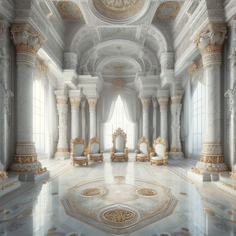 Step inside the grand white marble throne room of Meifla, filled with opulence and elegance. This expansive hall features tall, ornate columns, intricately carved walls, and luxurious thrones, reflecting the community's dedication to beauty and heritage. At the heart of Meifla's governance, five ageless deities assist in decision-making for the community, ensuring wisdom and harmony prevail. #ThroneRoom #WhiteMarble #Worldbuilding #FantasyInteriors #ArchitecturalBeauty #DivineGuidance Anime Throne Room, Royal Court Room, Gothic Throne Room, Throne Room Concept Art, Royal Throne Room, Fantasy Throne Room, Palace Throne Room, Castle Throne Room, Fantasy Throne