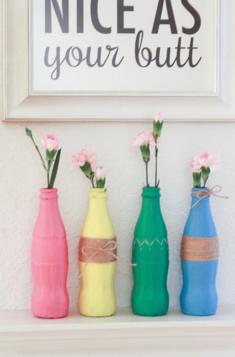 Coke Bottle Crafts, Glass Coke Bottles, Plastic Bottle Planter, Empty Plastic Bottles, Reuse Plastic Bottles, Diy Plastic Bottle, Jam Jars, Bottle Ideas, Reuse And Recycle