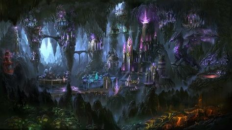 Mroczny Elf, Elf City, Underground Cities, Fantasy Forest, Fantasy City, Fantasy Setting, Fantasy Places, Dark Elf, Avatar Aang