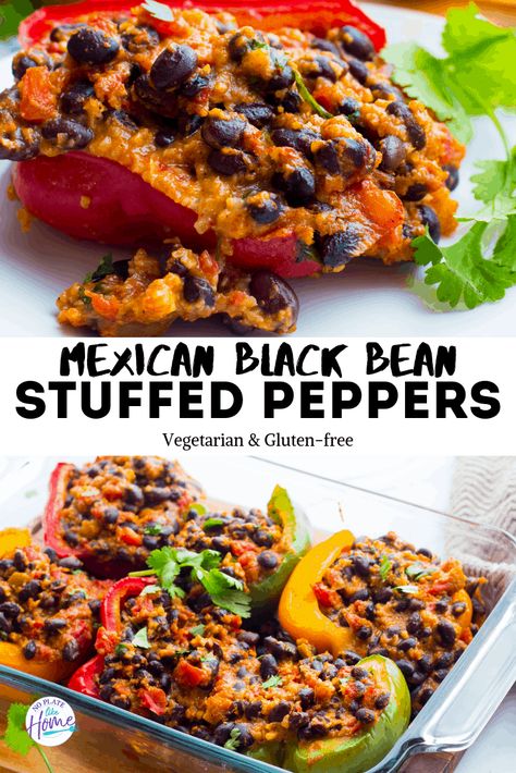 These stuffed peppers are so DELICIOUS! Easy baked vegetarian Mexican Black Bean Stuffed Peppers are cheesy and tasty! They're made with black beans, cauliflower rice, cheese, tomatoes, colorful bell peppers & taco seasoning. They're cheaper than beef stuffed peppers for sure. I make this TASTY main dish dinner for my family in just 30 min! Plus, it's gluten free. Click the link to get the recipe now! Cauliflower Rice Cheese, Black Bean Stuffed Peppers, Bean Stuffed Peppers, Stuffed Peppers Beef, Mexican Black Beans, Stuffed Peppers With Rice, Vegetarian Stuffed Peppers, Taco Stuffed Peppers, Vegetarian Mexican