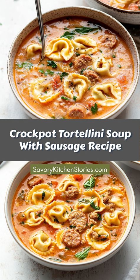 Want a delicious dinner that simmers to perfection while you relax? This Crockpot Tortellini Soup with Sausage is a simple yet satisfying choice for busy lives. With minimal effort, you can enjoy rich flavors your family will love. Be sure to save this recipe for future meals! Crockpot Tortellini Soup, Tortellini Soup Crockpot, Tortellini Soup With Sausage, Crockpot Tortellini, Sausage Crockpot Recipes, Crock Pot Tortellini, Soup With Sausage, Spinach Tortellini Soup, Sausage Tortellini Soup