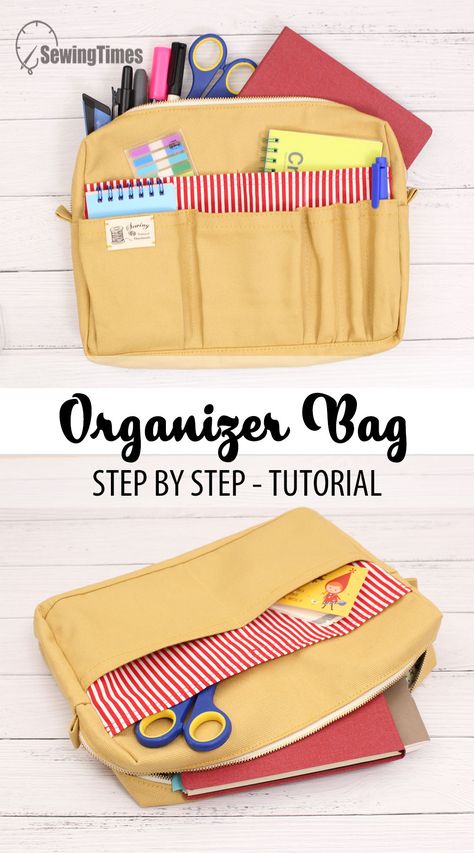 DIY ORGANIZER BAG | How to make a Utility Pouch Bag Tutorial [sewingtimes] Bag Organizer Sewing Pattern, Organizer Bag Pattern, Diy Handbag Organizer, Utility Bag Pattern, Backpack Organizer Diy, Diy Project Bag, Delfonics Utility Pouch, Sewing Bag Organizer, Bag Organizer Pattern