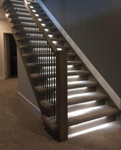 Wood rail and Newel, metal spindles, lit carpet stairs Carpet Stairs With Lights, Carpet And Wood Stairs, Stairs Lighting Ideas, Metal Stair Spindles, Cinema Interior, Staircase Lighting Ideas, Laminate Stairs, Indoor Railing, Stairs Lighting