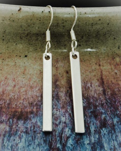 Silver Bar Earrings, Rectangular Bar Sterling Silver Dangle Earrings, Minimalist Silver Bar Drop Earrings #etsy #jewelry #earrings #silver #rectangle #women Minimalist Necklace Silver, Silver Bar Earrings, Silver Necklace Simple, Gold Bar Necklace, Silver Jewellery Sets, Simple Bracelets, Silver Bar, Silver Dangle Earrings, Sterling Silver Dangle Earrings