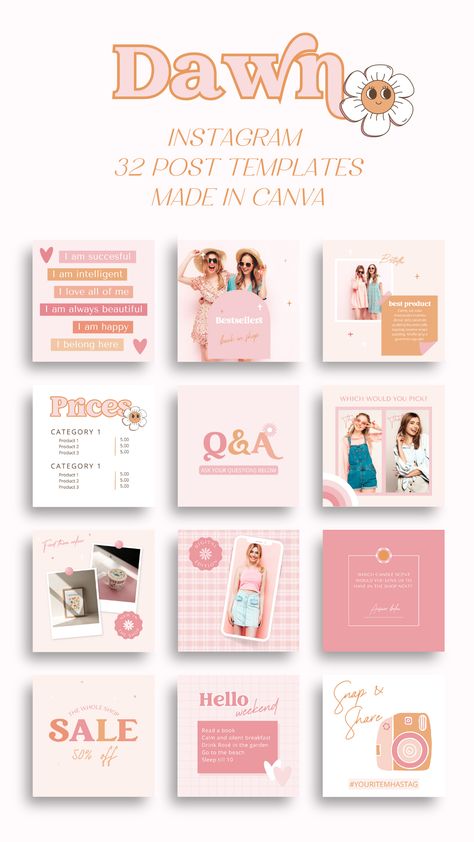 These editable Instagram post templates for Canva features a retro-inspired 90s design in pink and orange. They are fully customizable, allowing you to easily create eye-catching posts. Perfect for anyone looking to add a fun and playful touch to their social media presence. Pink Social Media Template, Fun Instagram Templates, Moodboard Social Media Design, Social Media Post Inspiration, Small Business Social Media Posts, Graphic Design Social Media Posts, Instagram Post Graphic Design, Retro Instagram Feed, Instagram Template Ideas