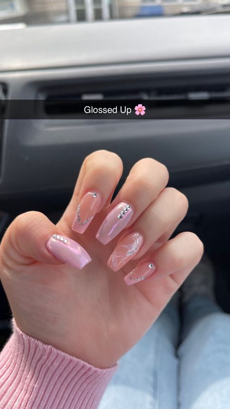 Light pink hoco nails marble nail art homecoming prom french tip princess pink tips gems sparkly acrylic nails diamond design Light Pink Nails With Gems, Nail Inspo With Gems, Pink Hoco Nails, Pink Nails With Gems, Sparkly Acrylic Nails, Nails With Gems, Nails Marble, Hoco Nails, Pink Tips