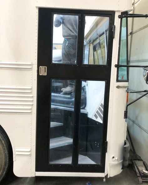 Custom Barn Door, Barn Door Projects, Custom Entry Doors, Converted Bus, Door Projects, Custom Barn Doors, School Bus Conversion, Bus Life, Bus Conversion