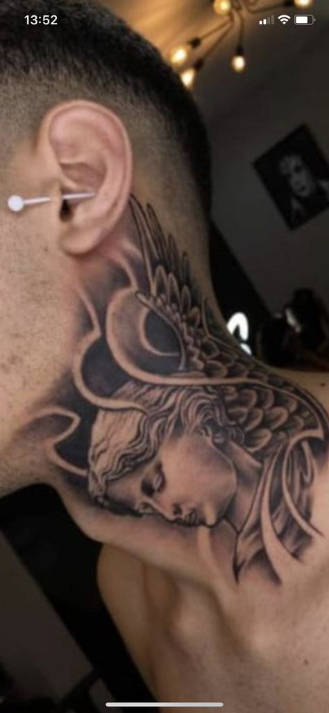 Angel Neck Tattoo For Men, Trap Tattoos Men Shoulder, Wing Neck Tattoo, Godfather Tattoo, Rose Neck Tattoo, Front Neck Tattoo, Best Neck Tattoos, Rose Flower Tattoos, Tela Iphone