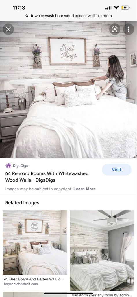 Wood Accent Wall Bedroom, White Wash Wood, White Wood Wall, Board And Batten Wall, Bedroom White, Wood Accent Wall, Accent Wall Bedroom, Wall Bedroom, Whitewash Wood