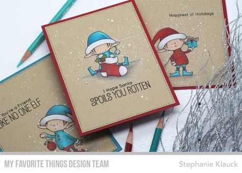 MFTv – Colored Pencils on Kraft Card Stock Christmas Cards 2018, Handmade Christmas Cards, Mft Cards, Santa's Elves, Mft Stamps, Diy Christmas Cards, Merry Christmas Card, Holiday Colors, Card Making Inspiration