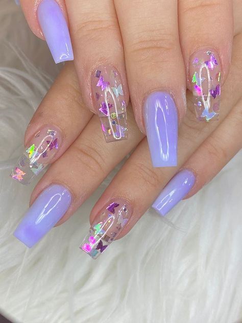 Quinceanera Nails, Butterfly Nail Designs, Lilac Nails, Purple Acrylic Nails, Lavender Nails, Cute Acrylic Nail Designs, Pretty Gel Nails, Acrylic Nails Coffin Short, Summer Acrylic Nails