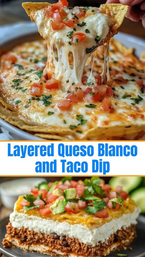 Dive into this delicious Layered Queso Blanco and Taco Dip recipe that's perfect for any gathering! With creamy layers of cheese, zesty taco meat, and sweet caramelized corn, this dip is a guaranteed crowd-pleaser. Easy to make and full of flavor, it's a must-try for your next party! Don’t miss out – save this pin and impress your guests with a tasty appetizer they'll love! Layered Taco Dip Recipe, Layered Salsa Dip, Layered Taco Dip With Beef, Taco Meat Dip Recipes, Taco Nacho Dip, Taco Dip Healthy, Taco Layer Dip, Baked Taco Dip, Easy Mexican Appetizers