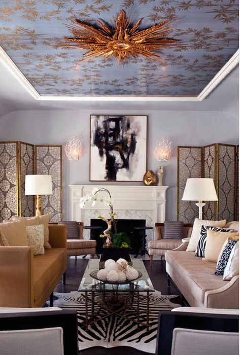 Trending: Wallpaper Ceilings - Shining on Design Old Hollywood Decor Living Room, Ceiling Wallpaper Ideas, Old Hollywood Decor, Hollywood Decor, Transitional Living Room Design, Zebra Decor, Furnitur Ruang Keluarga, Ceiling Wallpaper, Indian Living Rooms