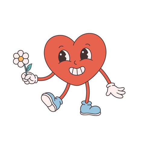 Trendy retro cartoon heart character. Groovy style, vintage, 70s 60s aesthetics. Valentines day. Heart Character Design, Cartoons 60s, 60s Cartoons, Heart Character, Retro Heart, Cartoon Heart, Retro Cartoon, Brand Communication, Heart Painting