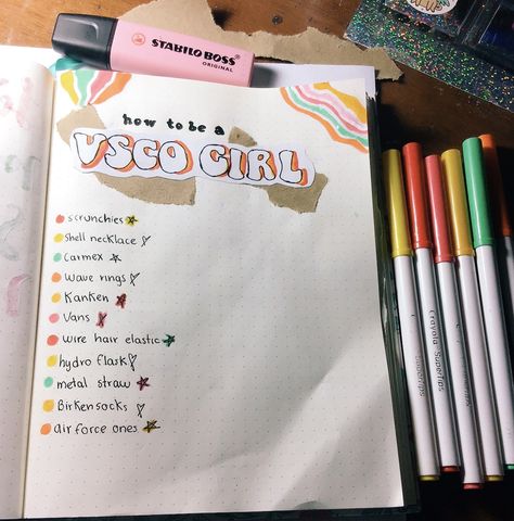 How to be a vsco girl vsco girl check list Markers: Crayola Supertips & Stabilo Boss   #vscogirl #vsco #vscogirlcheck #studygram #vscogirlchecklist 🌈☀️🌞🌻🌼🌸 Visco Girl Aesthetic, Vscogirl Outfit, Middle School Aesthetic, Markers Crayola, Crayola Supertips, Vsco Girl Aesthetic, Vsco Pictures, Surf Poster, Crystal Garden