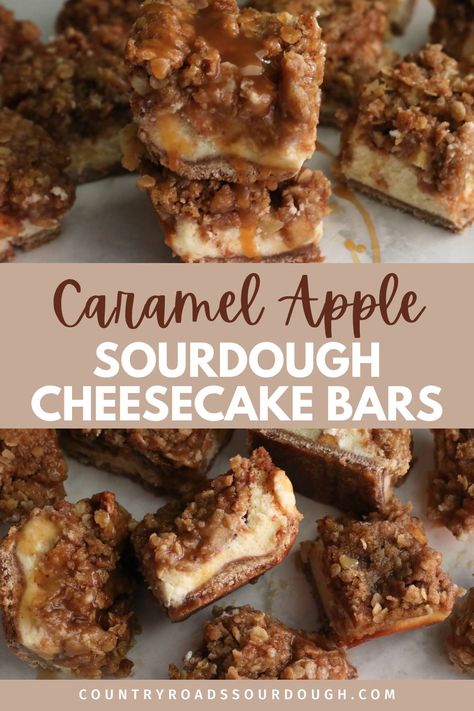 These Caramel Apple Sourdough Cheesecake Bars are the ultimate fall dessert! Made with sourdough discard, a graham cracker crust, and layers of sweet apples, cinnamon, and caramel, they offer a delicious balance of flavors and textures. Easy to make from scratch, these bars are perfect for fall baking, Thanksgiving, or holiday celebrations. Bring a touch of autumn to your dessert table with this rich, creamy, and irresistible treat! Sourdough Discard Thanksgiving Recipes, Sourdough Easy Recipe, Sourdough Discard Bars, Sourdough Discard Dessert Recipes Easy, Sourdough Cookie Bars, Sourdough Bars, Sourdough Cheesecake, Sourdough Sweet Recipes, Sourdough Recipes Desserts