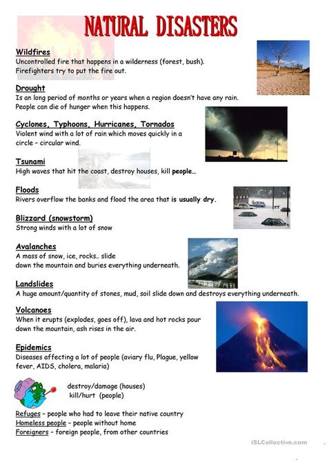 Natural Disasters For Kids, Natural Disasters Lessons, Comprehension Exercises, Teaching Geography, Social Studies Worksheets, Teaching Jobs, Esl Worksheets, Travel Design, Science Activities