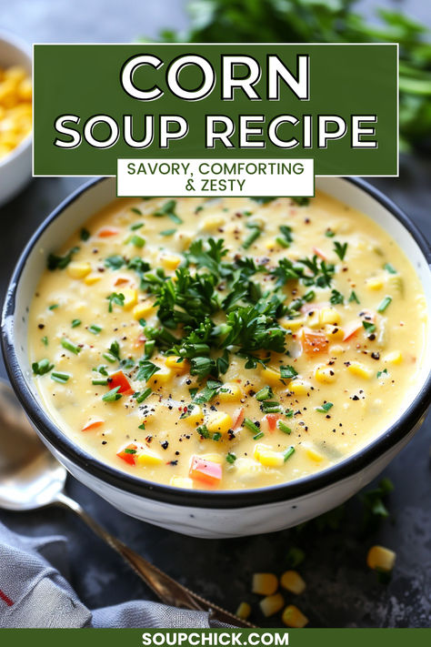 Corn Soup Recipe Summer Corn Soup Recipes, Roasted Corn Soup Recipes, Corn Soup Recipes, Sweet Corn Soup, Spicy Soup, Creamy Corn, Happy Belly, Corn Soup, Savory Soups