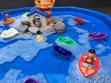 Lighthouse with Boats Tuff Tray Small World Scene -EYFS Children Travel Eyfs Activities, Seaside Tuff Tray Eyfs, Lighthouse Keepers Lunch Activities, Seaside Tuff Tray Ideas, Pirate Tuff Tray, Seaside Eyfs Activities, Journeys Eyfs, Boats Eyfs, Water Eyfs