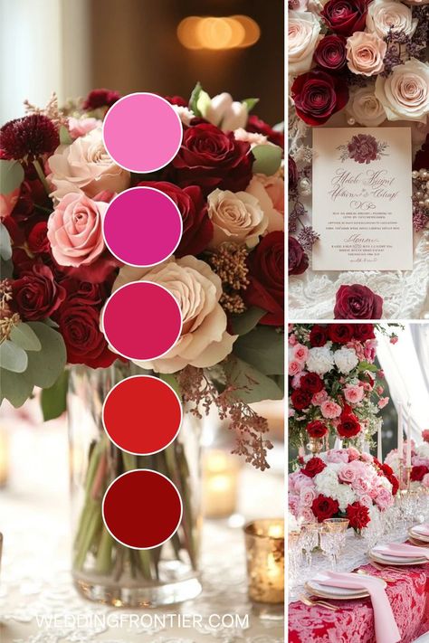 Red and pink wedding theme ideas for a vibrant, romantic color combination. Red And Pink Wedding Invitations, Wine And Pink Wedding, Raspberry Wedding Color Scheme, Raspberry Wedding Color, Valentines Wedding Ideas, Pink And Red Wedding Theme, Brown Wedding Themes, Red And Pink Wedding, Pink And Burgundy Wedding