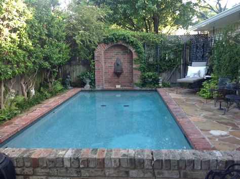 tiny pool goes along way! Narrow Yard Pool, Narrow Swimming Pool, French Country Swimming Pool, Small Kidney Shaped Pool Backyards, Texas Tiny Pools, Country Pool, Small Pools Backyard, Dipping Pool, Cheap Pool