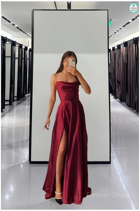 #datenight #outfitideas #fashion https://whispers-in-the-wind.com/best-fall-outfit-ideas-trendy-and-cozy-autumn-styles/?romantic-outfit-designs-for-women-20-feminine-and-flirty-looks-for-date-nights-and-special-occasions Red Long Prom Dresses, Prom Dresses Satin, Prom Dress Pictures, Gown Pictures, Prom Dress Inspo, Dark Red Dresses, Dresses Satin, Spaghetti Strap Prom Dress, Corset Dress Prom