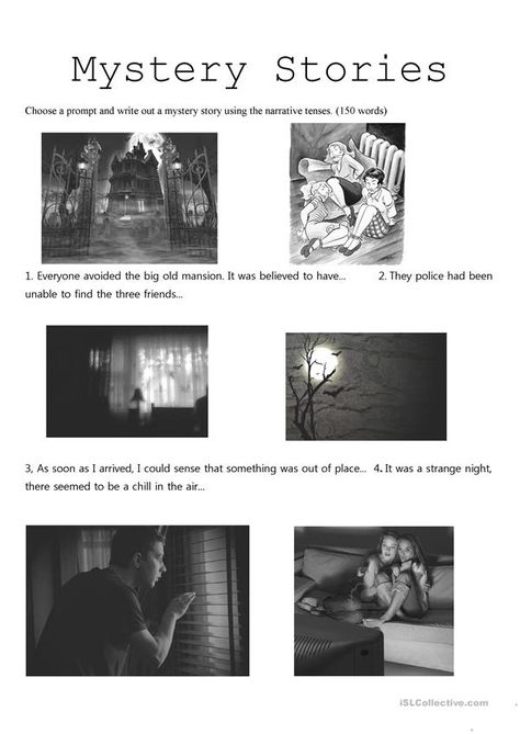 Mystery Stories - English ESL Worksheets for distance learning and physical classrooms Grammar Tenses, Tenses Grammar, Detective Stories, Esl Reading, Mystery Writing, Old Mansion, Picture Prompts, Story Activities, Mystery Stories