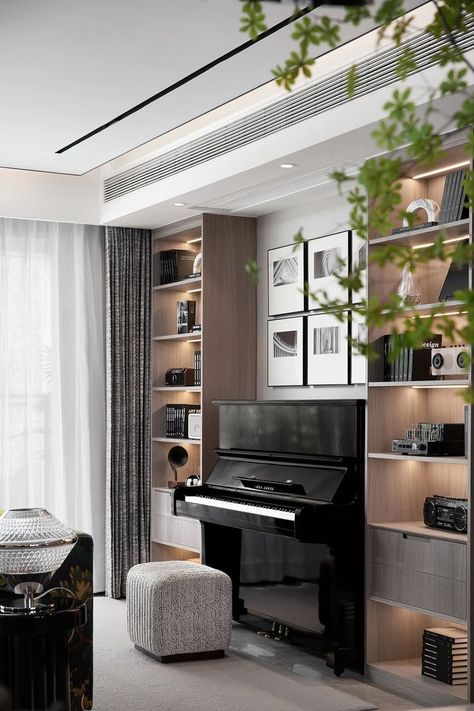 Small Piano Room, Piano Room Design, Piano Room Decor, Piano Living Rooms, Piano Lounge, Home Music Rooms, Piano Decor, Piano Room, 아파트 인테리어