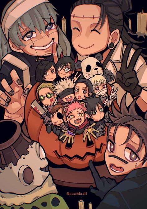 Halloween Fanart Anime, Gojo Halloween Fanart, Jjk Halloween Wallpaper, Jjk Halloween Official Art, Jjk Characters All Together, Jjk All Characters Together, Halloween Jjk Pfp, Jjk All Characters, Kenjaku And Yuji