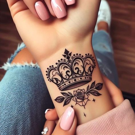 Crown Roses Tattoo, Bling Tattoo Ideas, Womens Crown Tattoo, Crown Tattoo With Flowers, Crown Wrist Tattoos For Women, Feminine Crown Tattoo, Womans Hand Tattoo, Female Crown Tattoo, Queens Crown Tattoo