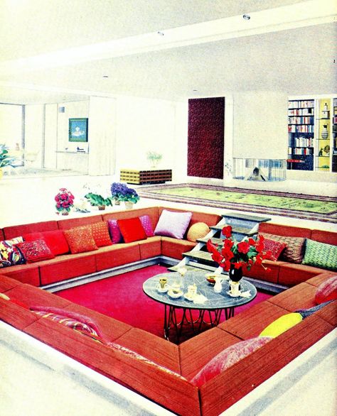 70s Conversation Pit, Conversation Pit, Ard Buffet, Sunken Living Room, Retro Interior Design, Alexander Girard, Miller Homes, 70s Home, 70s Home Decor