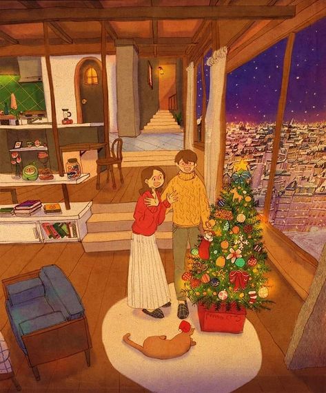 We decorated the Christmas tree. I'm really looking forward to Christmas!  For those of you who want to get this illustration as a christmas card, art print, canvas print, device case, etc. Please search for Puuung on Redbubble.com  #puuung #love #loveis #loveisinsmallthings #couple #relationship #couplegoals #relationshipgoals #christmas #christmastree Puung Couple, Puuung Love Is, Dream Illustration, Wall E Eve, Citation Art, Couple Illustration, Love Illustration, Cute Couple Art, Christmas Drawing