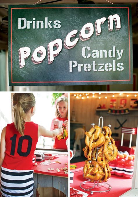 Creative Blackhawks Inspired Hockey Birthday Party // Hostess with the Mostess® Hockey Birthday Party, Hockey Wedding, Hockey Birthday Parties, Ice Skating Party, Hockey Party, Hockey Birthday, Jersey Party, Hockey Kids, Food Stand