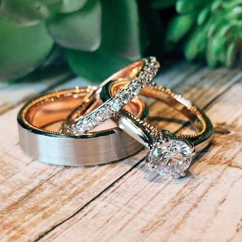 Bride And Groom Ring Sets, Trio Wedding Ring Set, Unique Wedding Ring Sets His And Hers, Matching Engagement Rings His And Hers, Wedding Ring Sets His And Hers, Aquamarine Engagement Ring Vintage, Couples Wedding Rings Set, White Gold Engagement Rings Unique, Womens Wedding Ring Sets