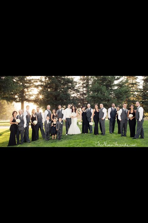 Black and grey bridal party Grey Bridal Party, Black And White Attire, Bridal Party Black, Billy Idol White Wedding, Wedding Table Decorations Elegant, Light Gray Wedding, White Attire, Jade Wedding, Black And White Wedding Theme