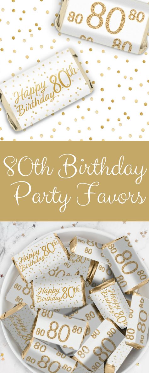 These White and Gold 80th Birthday Party Stickers are made to perfectly wrap around Hershey’s®️ Miniatures Bars. #80thbirthday #80th #partyfavor #80thpartyfavor #whiteandhold #birthday #party #partyfavor #partydecor 80th Birthday Favors, 80th Birthday Party Favors, 84th Birthday, Bar Stickers, 80th Birthday Party Decorations, 80 Birthday, 80th Birthday Decorations, 80th Birthday Invitations, Happy Birthday Cards Printable