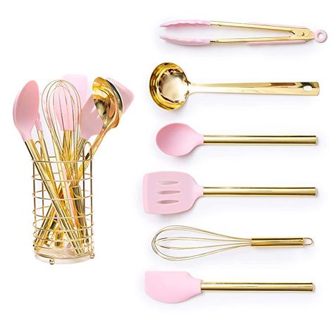 Amazon.com: Pink & Gold Cooking Utensils with Stainless Steel Utensil Holder-Silicone Cooking Utensil Set: Gold Whisk,Gold Ladle,Pink Spatula,Gold & Pink Tongs,Pink & Gold Serving Spoon,Turner,Gold Utensil Holder: Home & Kitchen Pink Kitchen Accessories, Pink Kitchen Utensils, Pink Kitchen Appliances, Gold Utensils, Pink Kitchen Decor, Rose Gold Kitchen, Silicone Cooking Utensils, Stainless Steel Utensils, Silicon Utensils