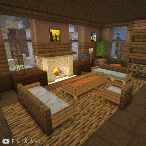 Tutorial for this build is on our YouTube channel: Fiki & Biki 🐔 (link in bio) Minecraft Sitting Room Ideas, Minecraft Workshop Ideas Interior, Minecraft Blacksmith Ideas Interior, Minecraft Interior Ideas Living Rooms, Cute Minecraft Living Room, Minecraft Blacksmith Interior, Rooms In Minecraft, Kitchen Minecraft Ideas, Minecraft Castle Interior