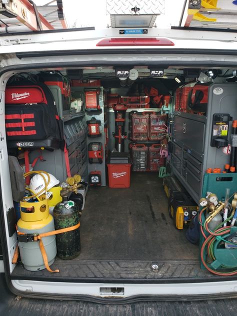 Work Van Organization, Work Van Organization Ideas, Van Organization Ideas, Van Storage Ideas, Work Truck Organization, Work Truck Storage, Milwaukee Tool Box, Van Organization, Truck Organization