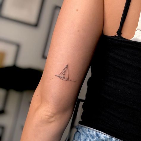 Sail Boat Tattoo Minimal, Boat Outline Tattoo, Sailing Tattoos For Women, Small Sailboat Tattoo, Sailboat Tattoo Simple, Sail Boat Tattoo, Wind Tattoo, Getting Tattooed, Sailboat Tattoo