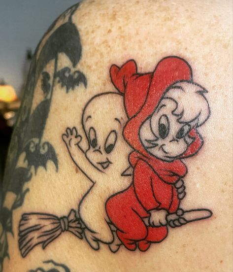 90s Halloween Tattoo, Casper The Ghost Tattoo, Wensday Tattoo, Casper The Friendly Ghost Tattoo, Wendy Tattoo, Halloweentown Tattoo, Casper Tattoo, Casper Meets Wendy, Tattoos Inspo