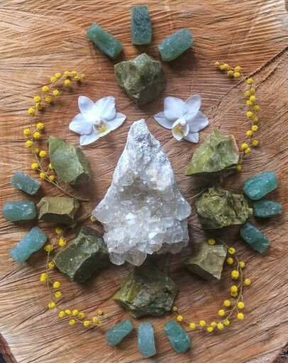 Calcite, Green Opal, Aventurine, Mimosa flowers and Orchids °Woodlights Woudlicht Mimosa Flowers, Mimosa Flower, Crystal Candy, Reiki Crystals, Forest Creatures, Green Opal, Crystal Grid, Raw Gemstones, Raw Crystal