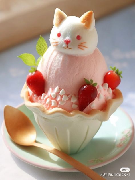 Strawberry icecream cat icecream aesthetic cute food pink cat food cute Minimal Cake, Kawaii Desserts, Kawaii Foods, Brownie Packaging, Round Food, Aesthetic Foods, Pretty Desserts, Fantasy Food, Kawaii Dessert