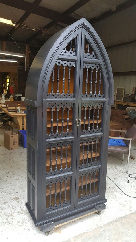 Gothic Curio Cabinet, Goth Entertainment Center, Diy Gothic Bookshelf, Gothic China Cabinet, Gothic Arch Bookcase, Gothic Display Cabinet, Gothic Woodwork, Gothic Cabinet, Gothic Bookcase