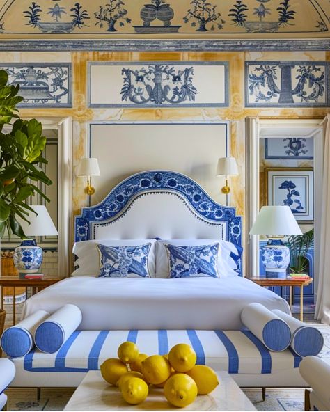 Absolutely mesmerized by these luxurious blue and gold interiors from @reverse.orientalism.   The intricate wallpaper and rich color palette create a perfect blend of elegance and comfort. Each room tells its own story, inviting you to relax and unwind. Which detail is your favorite? 💙✨ Blue And White Decor, White Interiors, Blue White Decor, Pretty Bedroom, Gold Interior, House Interiors, Design Del Prodotto, Blue Rooms, Elegant Interiors