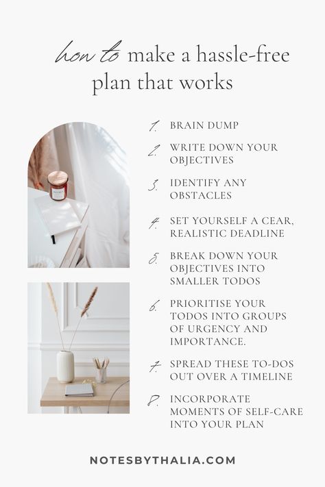 How to make an action plan that actually works infographic. Black caplock text on off-white background with two stock images of planners to the left of the text Slow Productivity, Slow Business, Wellbeing Tips, Organisation Tips, Self Care Bullet Journal, Todo List, Book Writing Tips, Make A Plan, Action Plan