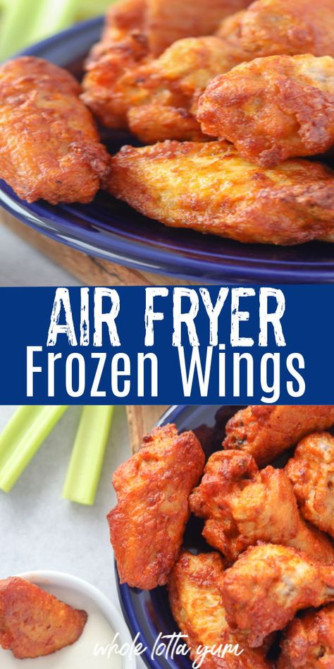 An easy recipe for cooking air fryer frozen chicken wings! Cooks in half the time as an oven and turns out perfect. Air Fryer Frozen Wings, Air Fryer Frozen Chicken Wings, Wings In Air Fryer, Air Fry Chicken Wings, Air Fryer Wings, Cooking Chicken Wings, Frozen Chicken Wings, Boneless Wings, Cooking Frozen Chicken