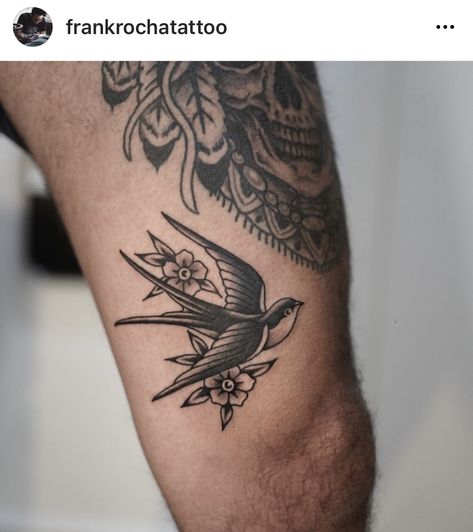 Retro Swallow Tattoo, American Style Bird Tattoo, Swallow Tattoo Leg, Bird Tattoos For Women Traditional, Cardinal Tattoo American Traditional Black And White, Swallow Tattoo With Flowers, Neo Traditional Sparrow Tattoo, Swallow Tattoo Placement, Swallow Bird Tattoo Traditional