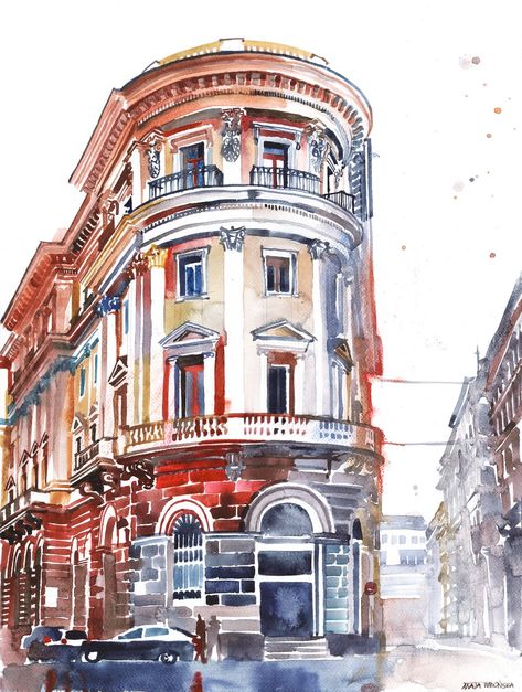 this is my original watercolor painting of Rome area next to Via della Mercede Painted with watercolors and dry pastels on 300g Fabriano watercolor... Maja Wronska, Dry Pastels, Art Alevel, Travel Art Journal, Gcse Art Sketchbook, Pastel Poster, Watercolor Architecture, Architecture Sketchbook, Italy Painting